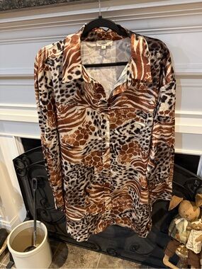 entro Brown and Cream Mixed Animal-Print Button-Down Shirt